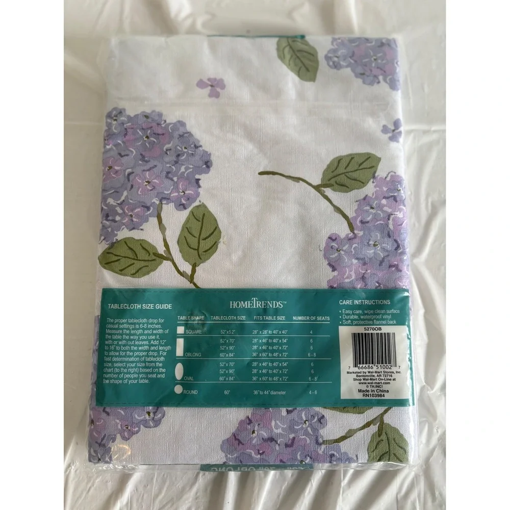 HomeTrends Purple Hydrangea Floral Vinyl Flannel Back Tablecloth 52x70 Oblong